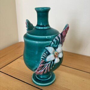 Antique Pottery Lamp Small Base Green with Applied Floral Signed P-Jasp France